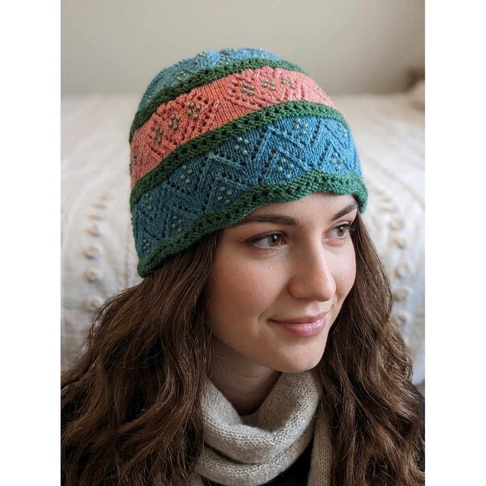 Hand-Knit Beaded Lace Knit Beanie Hat – Teal, Coral Pink & Forest Green